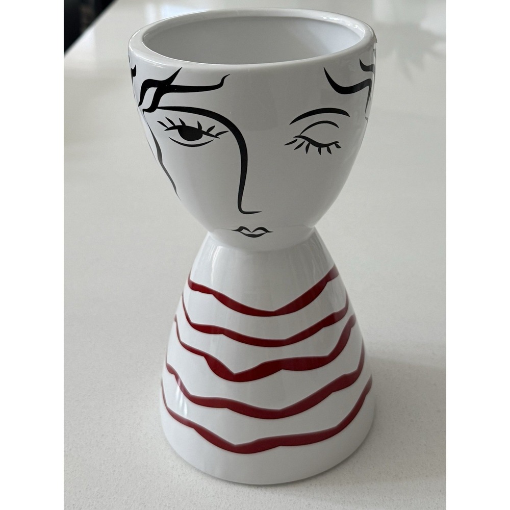 Lady Head Large‎ Vase Planter Ceramic White Black Red 9" NWOT